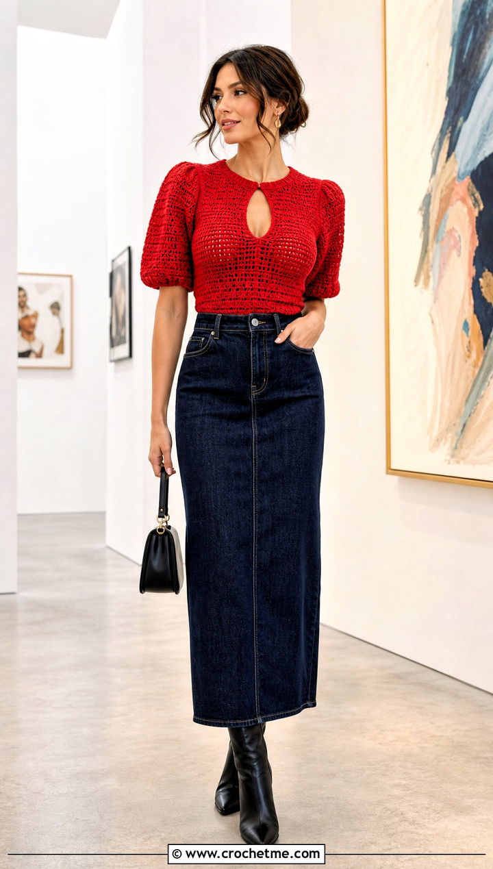 Puff Sleeve Crochet Keyhole Top With Column Skirt - 30 crochet keyhole top outfit ideas