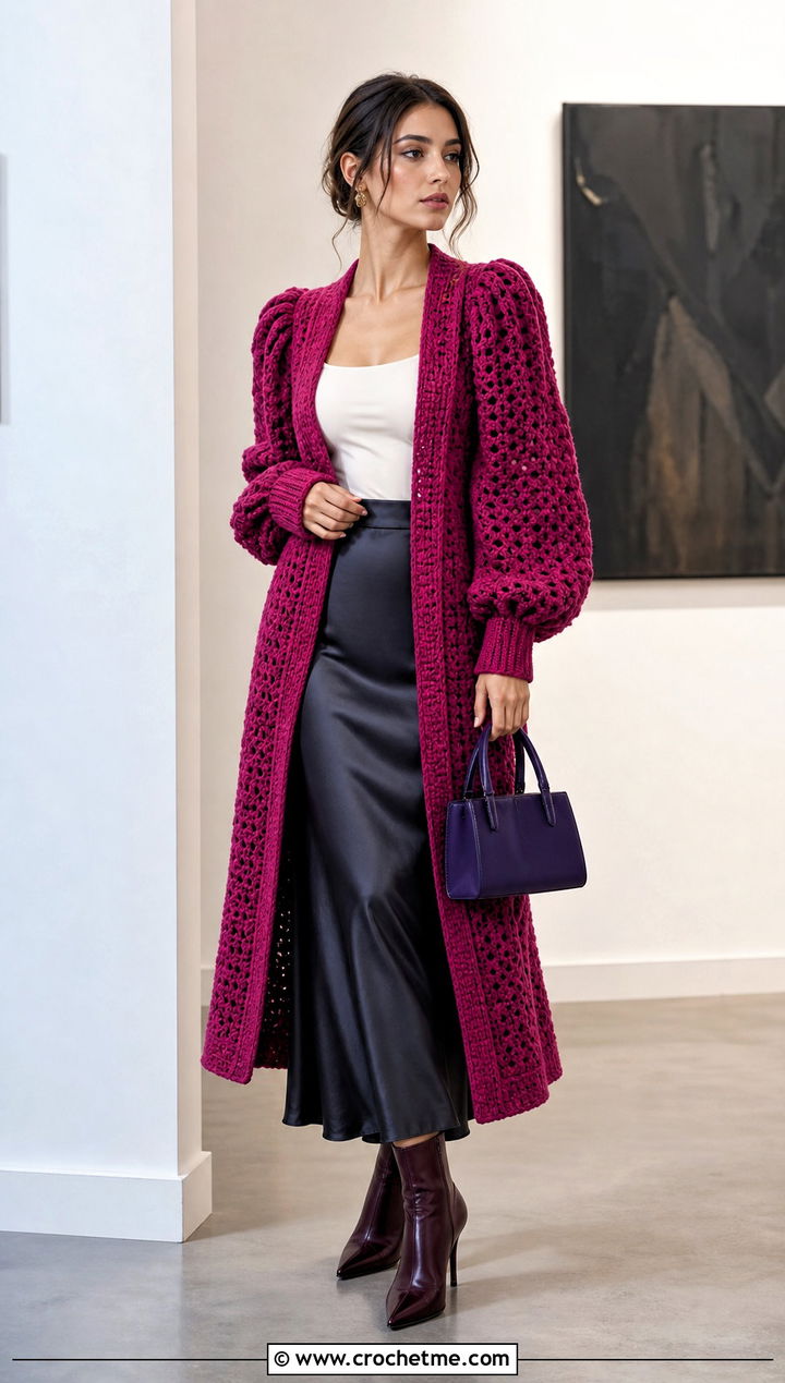 Puff Sleeve Crochet Long Jacket With a Slip Skirt - 35 crochet long jacket outfit ideas