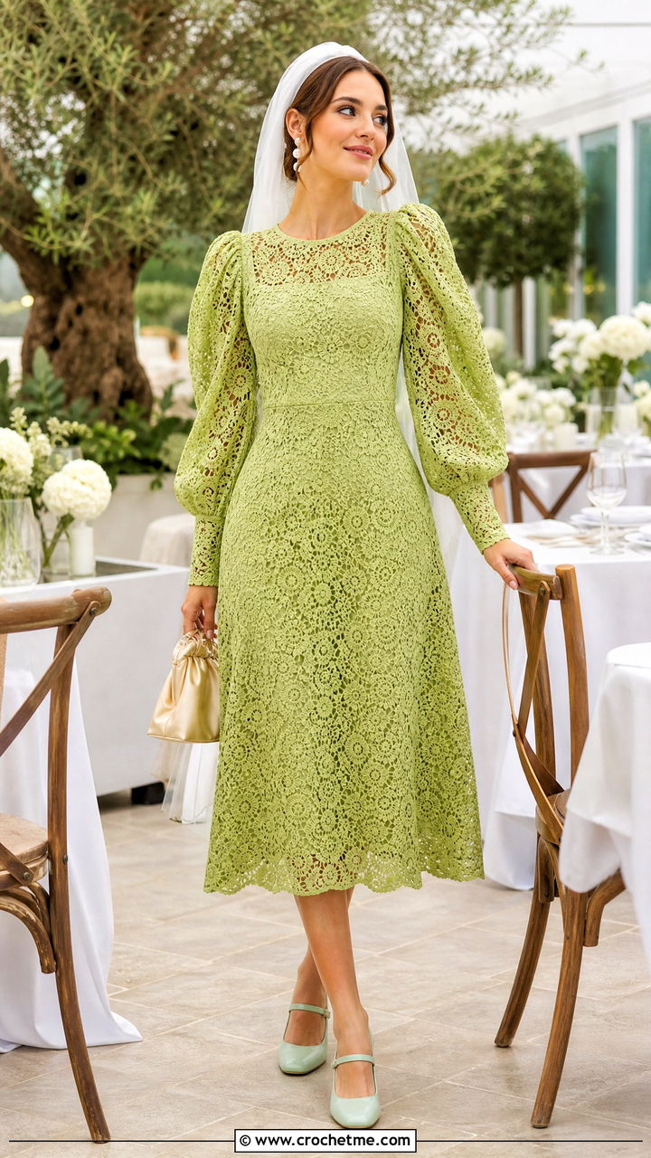 Puff Sleeve Crochet Midi Dress With Mary Jane Shoes - 35 crochet wedding dress outfit ideas