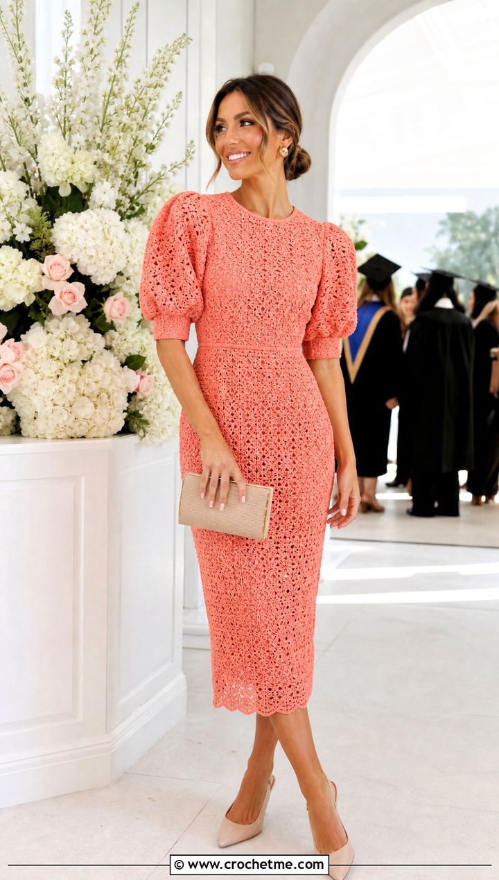 Puff Sleeve Crochet Midi Dress With Slingback Heels - 35 Formal Crochet Dress outfit ideas