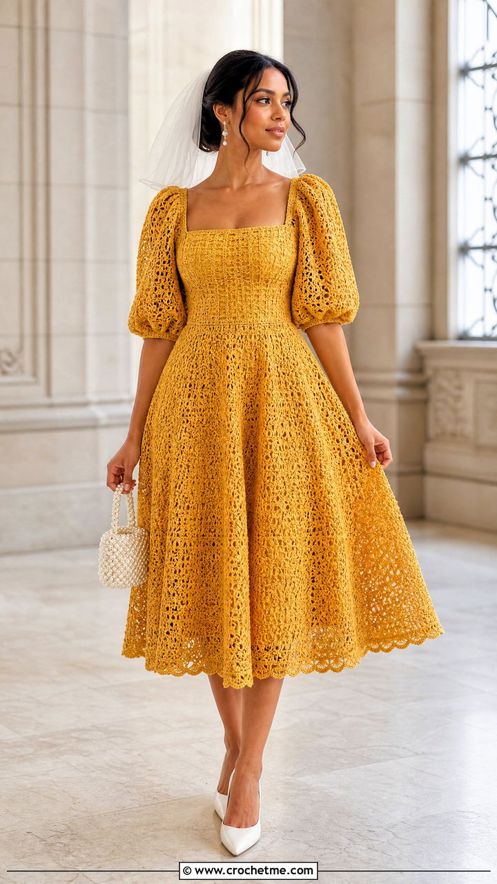 Puff Sleeve Crochet Midi Wedding Dress - 35 crochet wedding dresses outfit ideas
