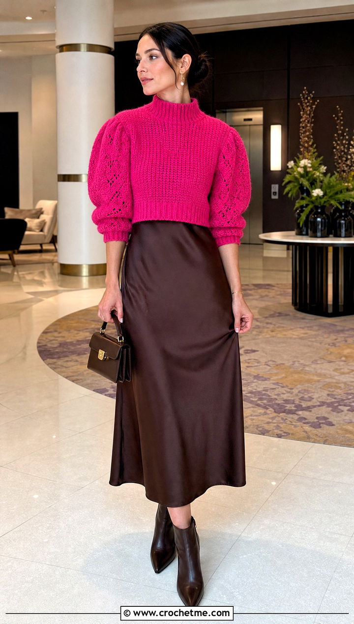 Puff Sleeve Crochet Mock Neck Sweater With Slip Dress - 25 Crochet Mock Neck Sweater outfit ideas