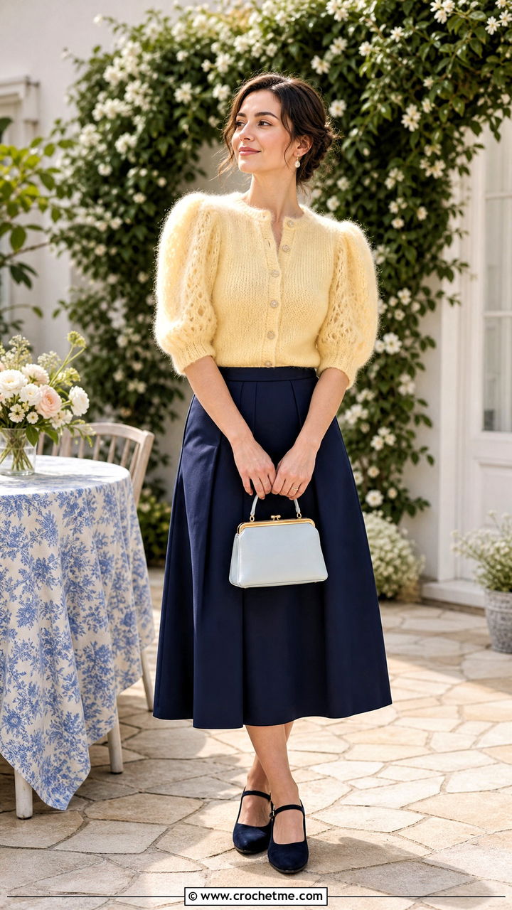 Puff Sleeve Crochet Mohair Cardigan With A Line Skirt - 35 crochet mohair cardigan outfit ideas