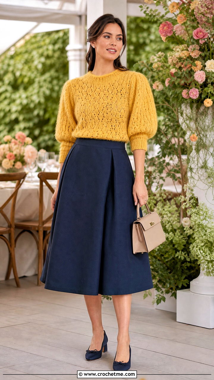 Puff Sleeve Crochet Mohair Top With A Line Midi Skirt - 35 crochet mohair top outfit ideas