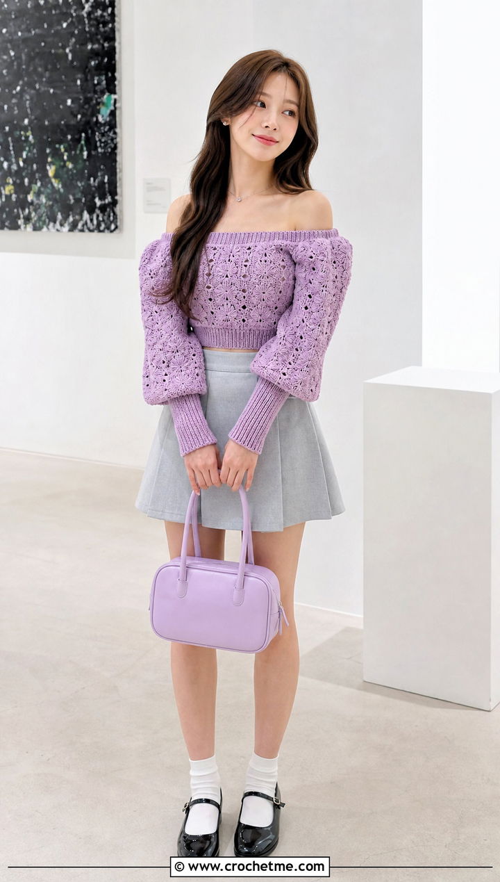 Puff Sleeve Crochet Off The Shoulder Top With A Line Mini Skirt - 35 Crochet Off The Shoulder Top outfit ideas