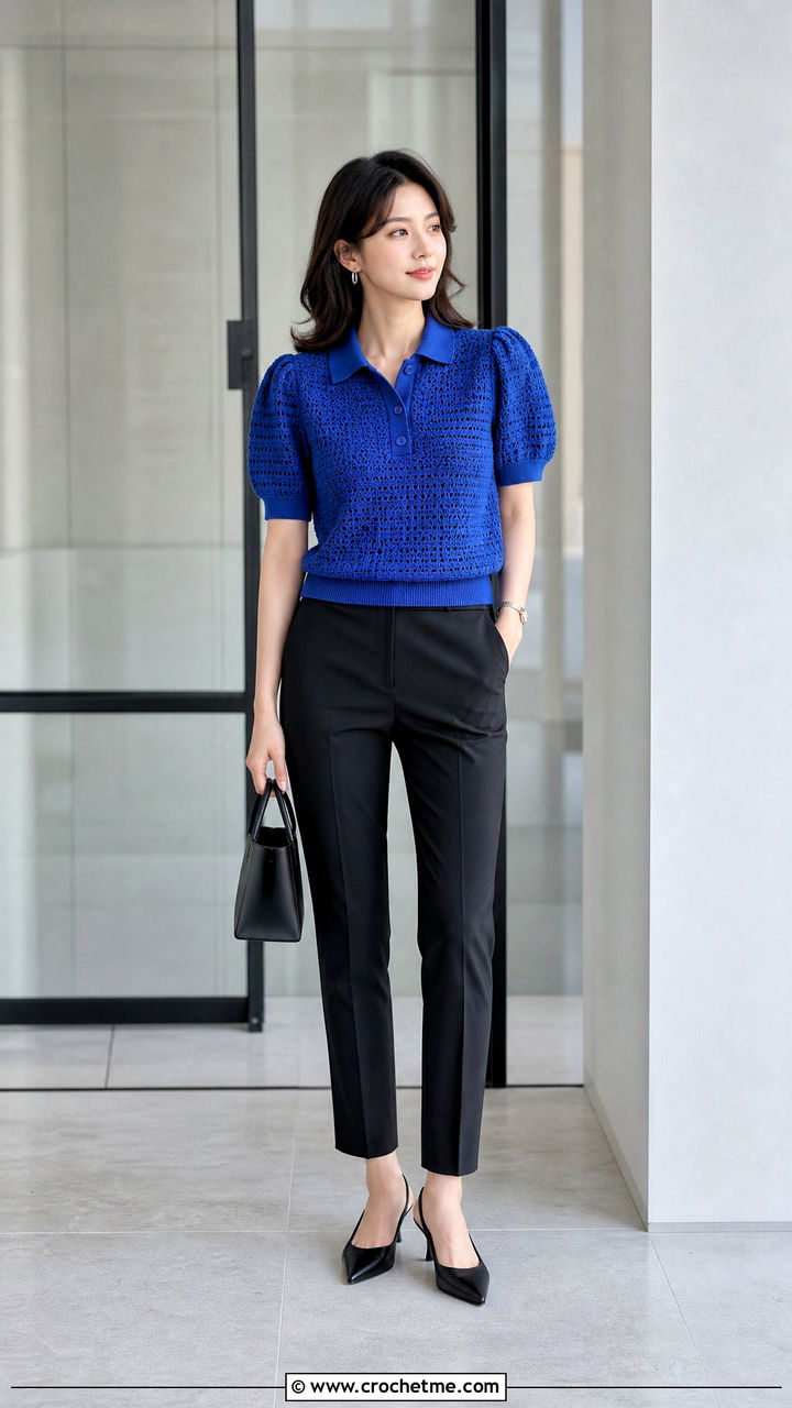Puff Sleeve Crochet Polo Shirt With Cigarette Pants - 35 crochet polo shirt outfit ideas