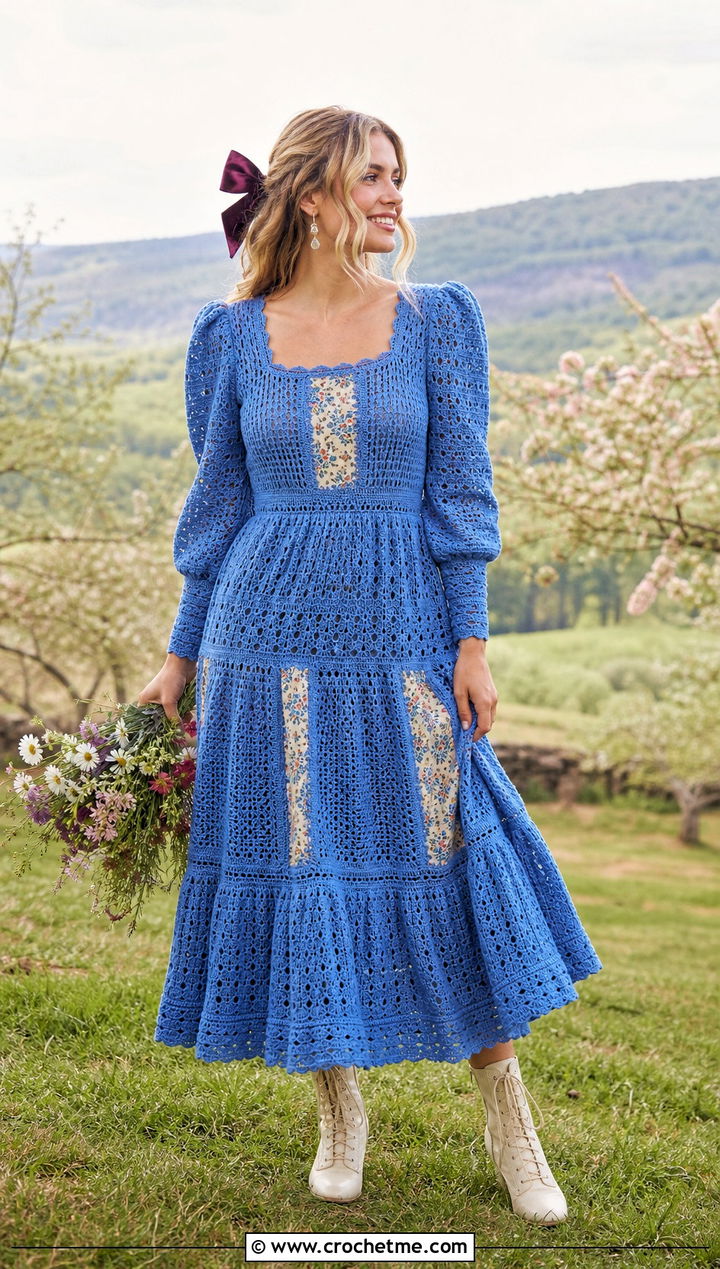 Puff Sleeve Crochet Prairie Wedding Dress With Lace Up Boots - 25 boho crochet wedding dress outfit ideas