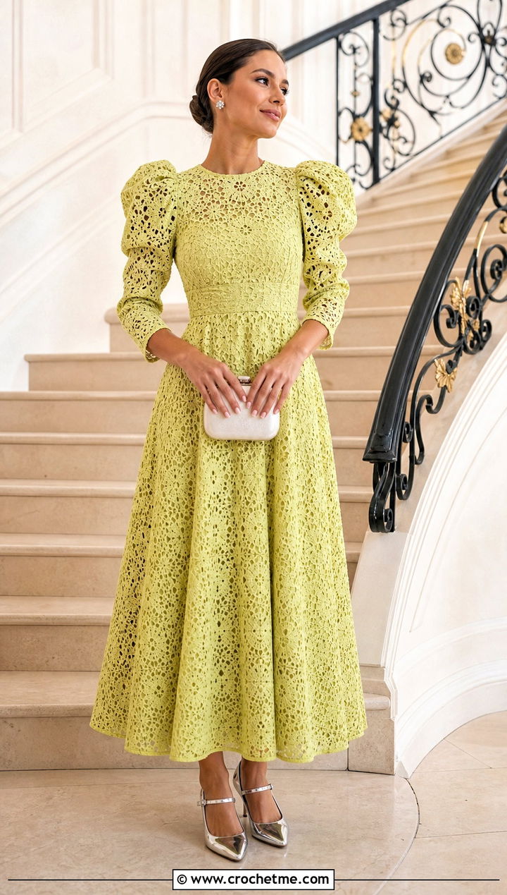 Puff Sleeve Crochet Prom Dress With Mary Jane Heels - 30 Prom Crochet Dress outfit ideas