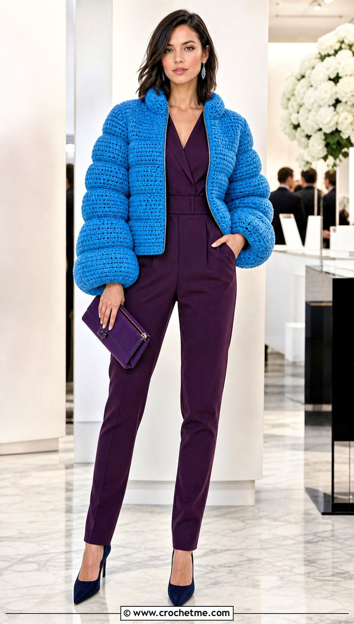 Puff Sleeve Crochet Puffer Jacket With Tailored Jumpsuit - 35 crochet puffer jacket outfit ideas