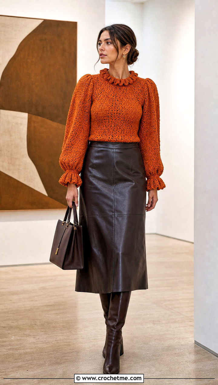 Puff Sleeve Crochet Ruffle Edging Top With Leather Midi Skirt - 15 Crochet Ruffle Edging Top outfit ideas