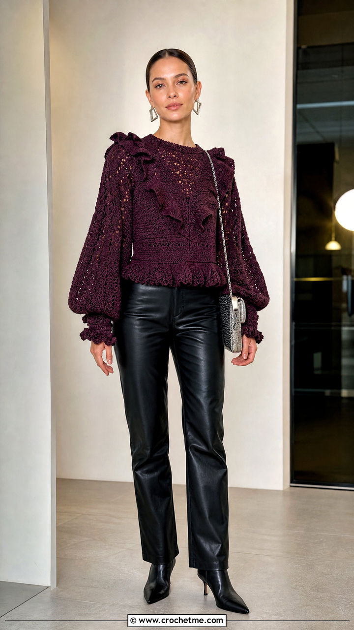 Puff Sleeve Crochet Ruffle Top With Leather Pants - 35 crochet ruffle top outfit ideas
