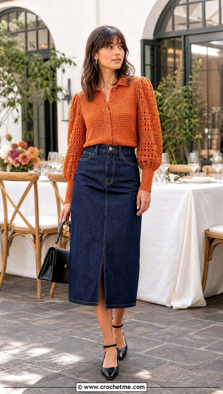 Puff Sleeve Crochet Shirt With Dark Denim Skirt - 30 easy crochet shirt outfit ideas