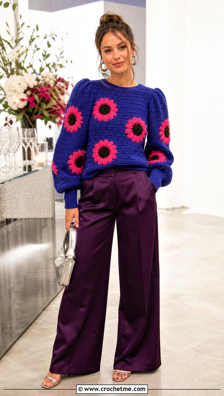Puff Sleeve Crochet Sunflower Sweater With Satin Pants - 35 crochet sunflower sweater outfit ideas