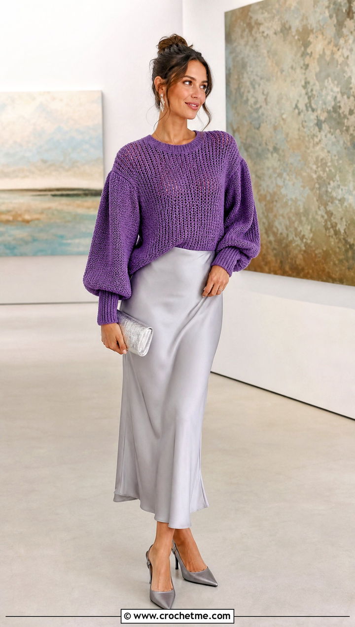 Puff Sleeve Crochet Sweater With A Slip Skirt - 30 spring crochet sweater outfit ideas