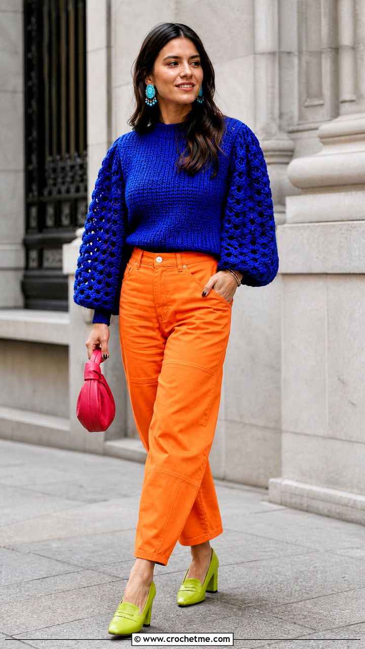 Puff Sleeve Crochet Sweater With Barrel Jeans - 35 crochet sweater design outfit ideas