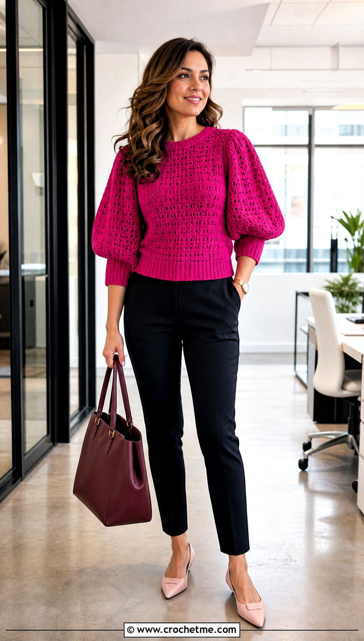 Puff Sleeve Crochet Sweater With Cigarette Pants - 35 cute crochet sweater outfit ideas