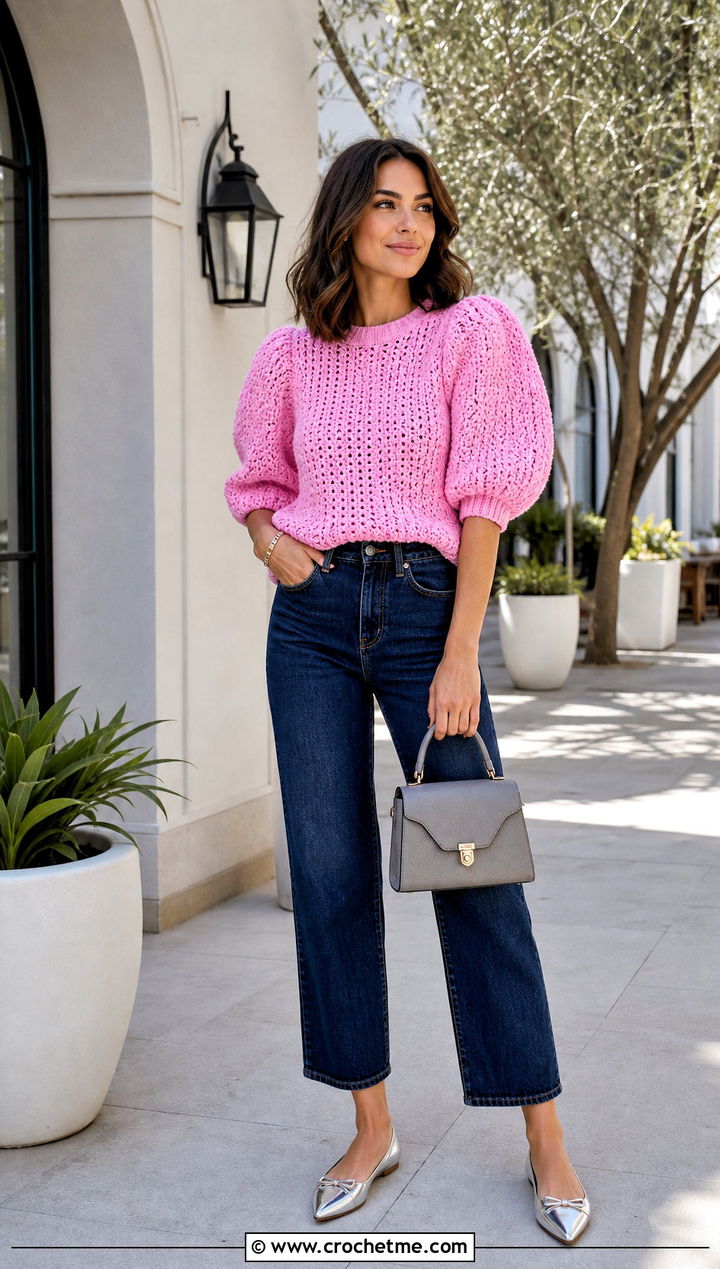 Puff Sleeve Crochet Sweater With Cropped Jeans - 35 crochet sweater for women outfit ideas