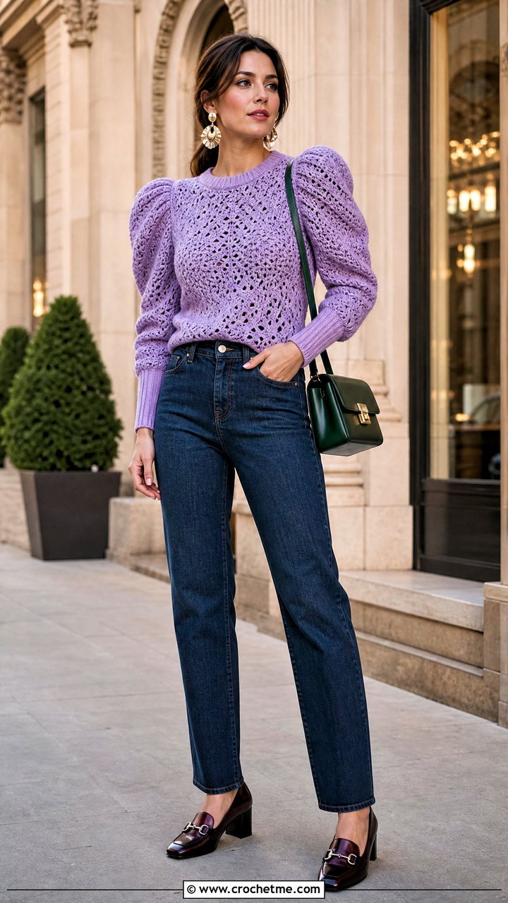 Puff Sleeve Crochet Sweater With Dark Wash Jeans - 35 crochet sweater design for women outfit ideas