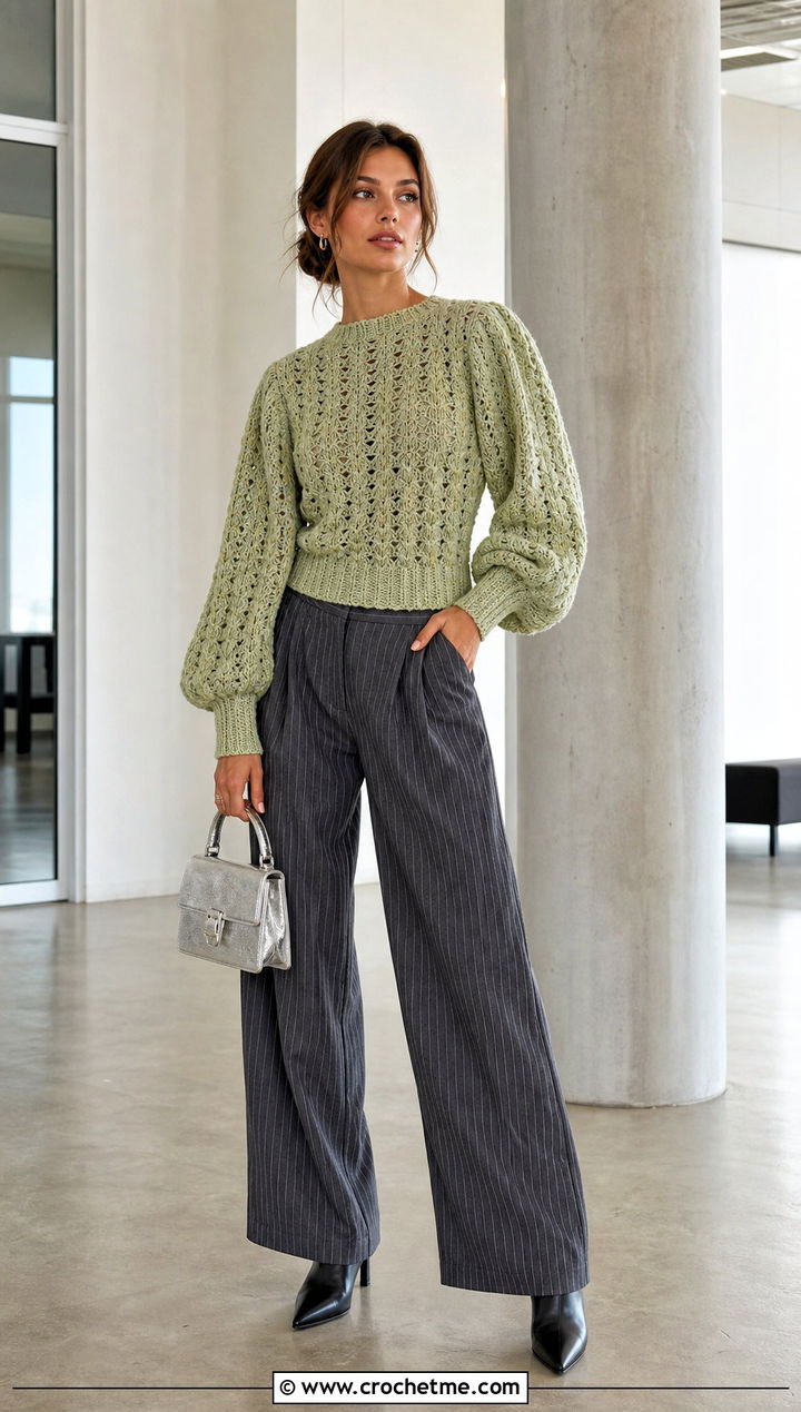 Puff Sleeve Crochet Sweater With Pinstripe Trousers - 25 y2k crochet sweater outfit ideas
