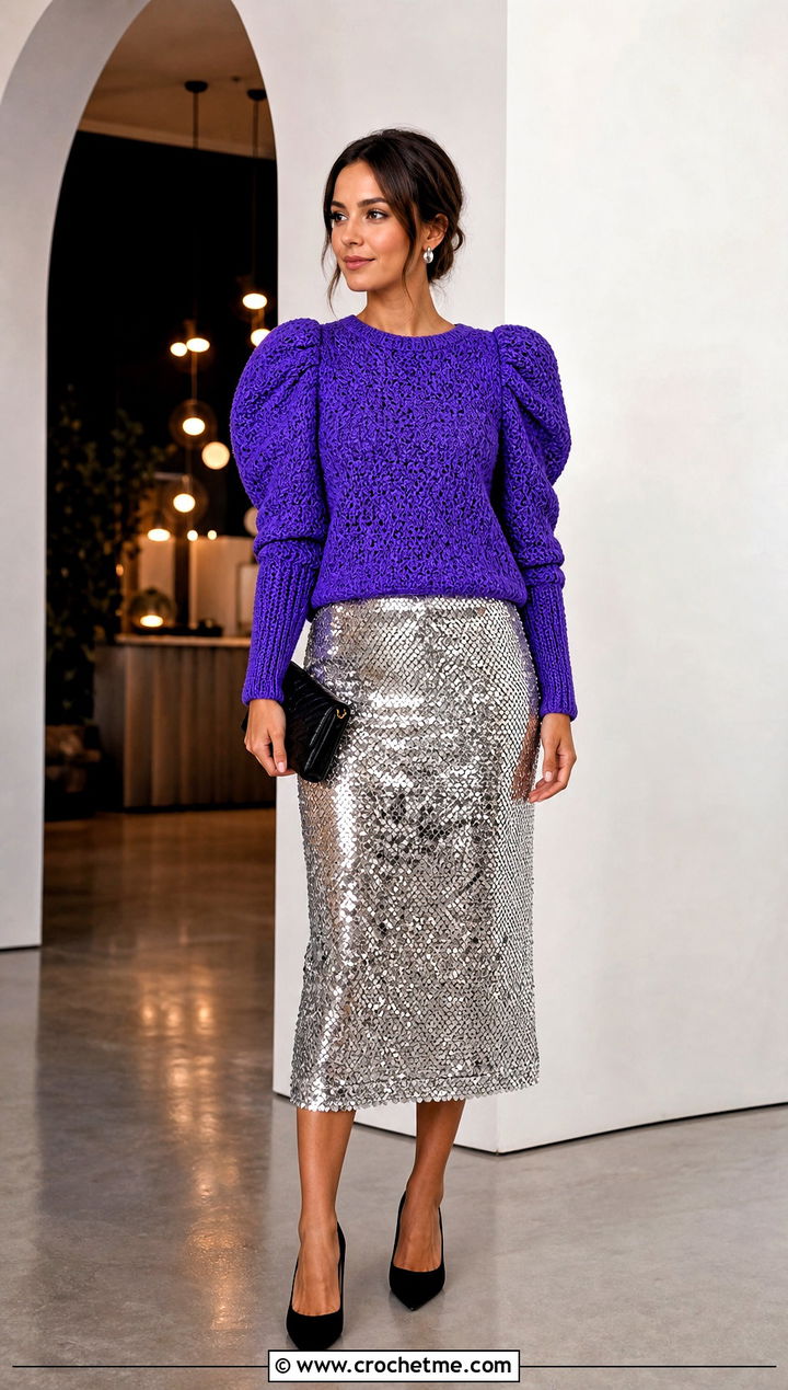 Puff Sleeve Crochet Sweater With Sequin Skirt - 25 Colorful Crochet Sweater Ideas