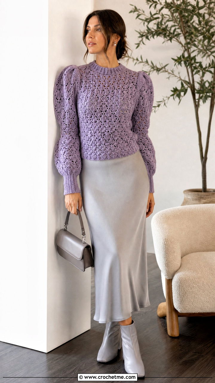 Puff Sleeve Crochet Sweater With Slip Skirt - 35 fall crochet sweater outfit ideas