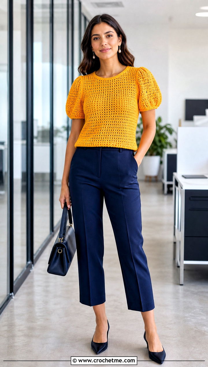 Puff Sleeve Crochet Tee With Cropped Trousers - 35 crochet tee outfit ideas