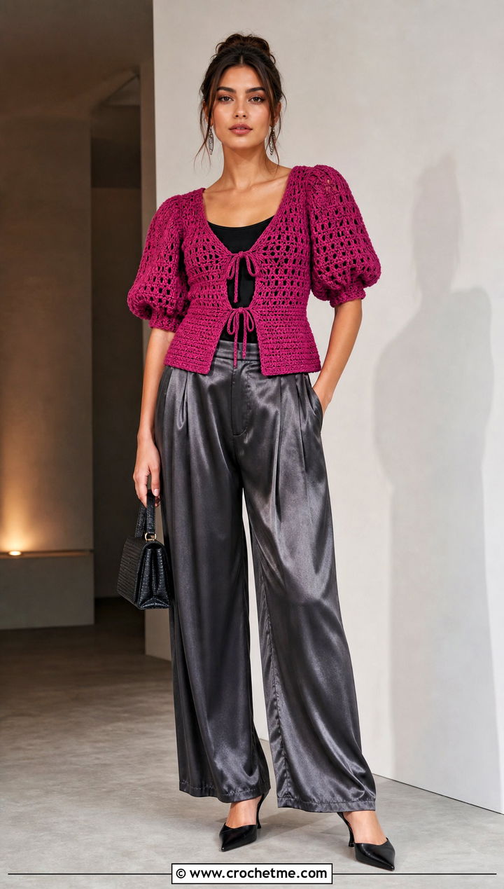 Puff Sleeve Crochet Tie Cardigan With Satin Trousers - 35 crochet tie cardigan outfit ideas