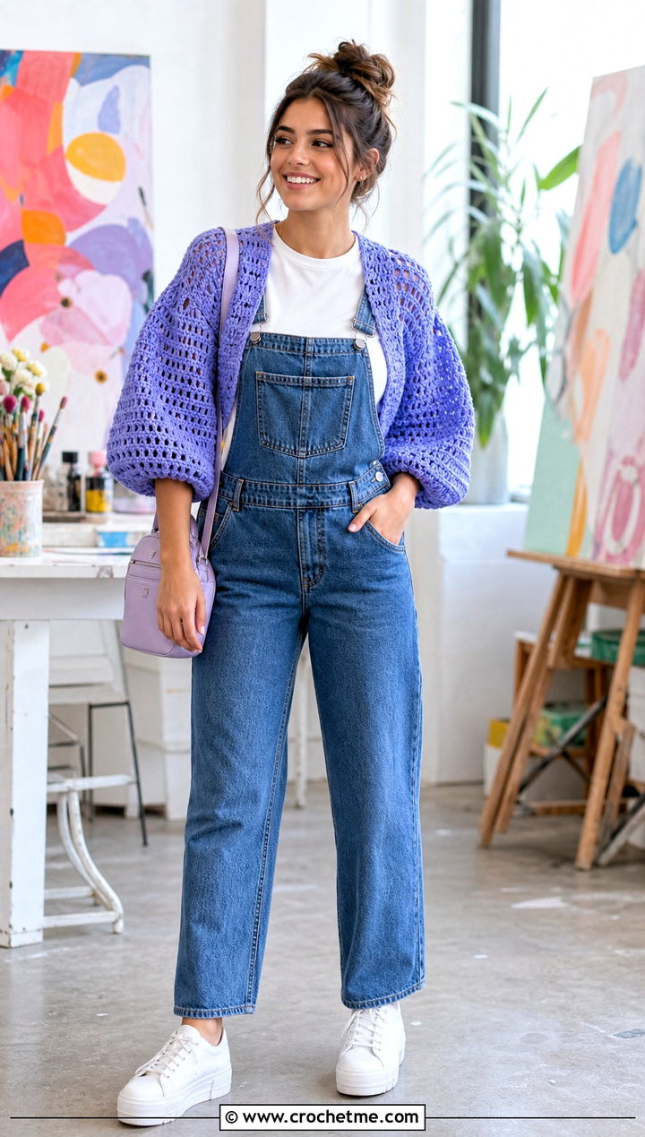 Puff Sleeve Crochet Top Shrug With Denim Overalls - 30 crochet top shrug outfit ideas