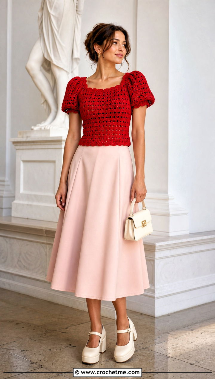 Puff Sleeve Crochet Top With A Line Midi Skirt - 25 70S Inspired Crochet Top outfit ideas
