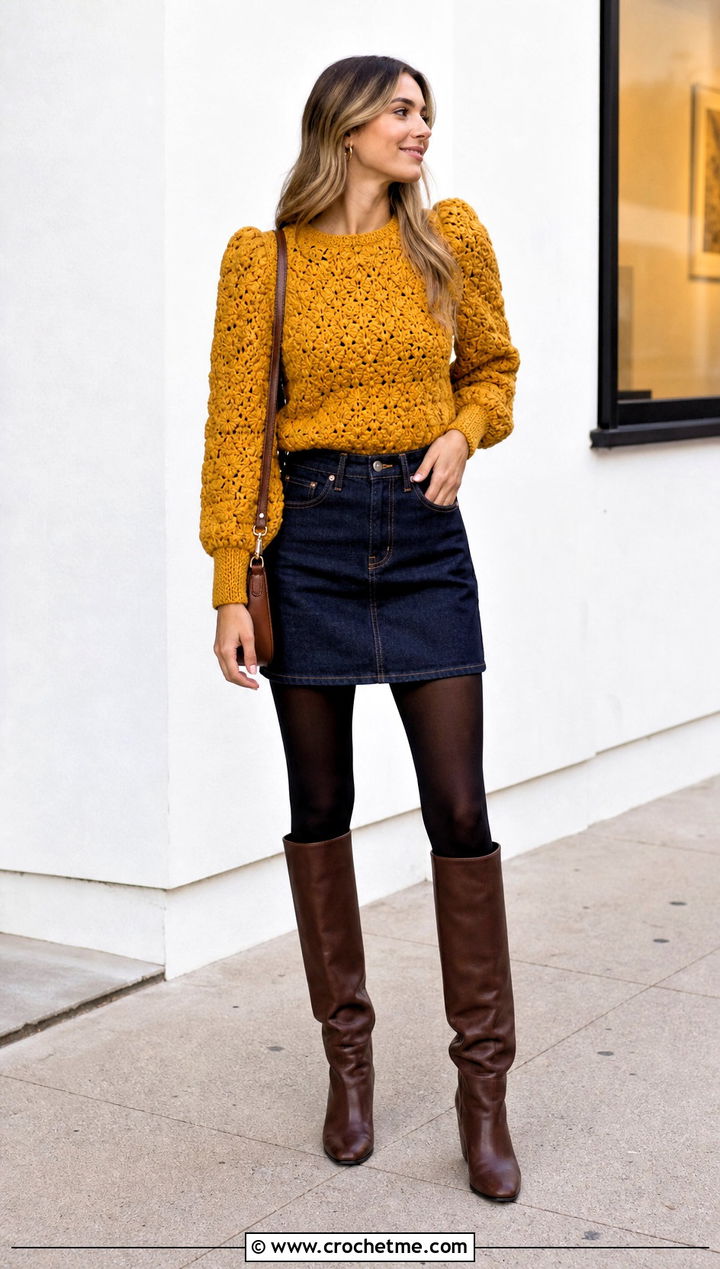 Puff Sleeve Crochet Top With A Line Mini Skirt - 20 Crochet Tops With Long Sleeves outfit ideas