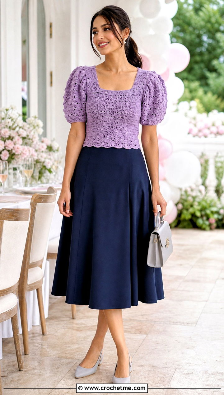 Puff Sleeve Crochet Top With A Line Skirt - 35 cute crochet tops ideas
