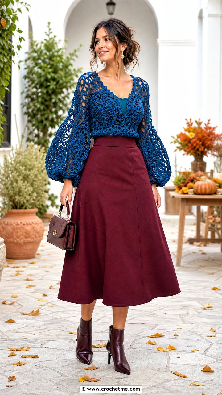 Puff Sleeve Crochet Top With A Line Skirt - 35 crochet fall top outfit ideas