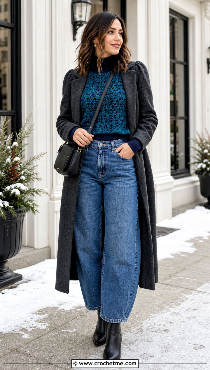 Puff Sleeve Crochet Top With Barrel Jeans - 35 winter crochet top outfit ideas