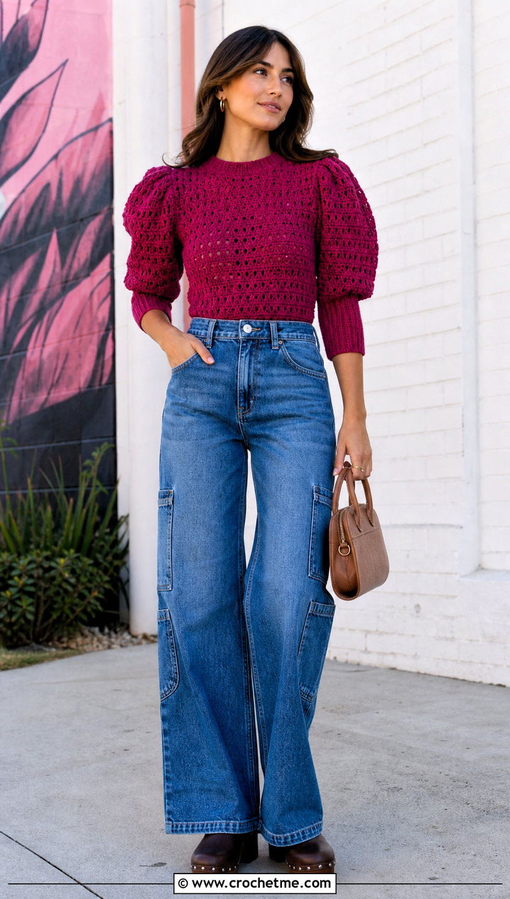 Puff Sleeve Crochet Top With Carpenter Jeans - 30 unique crochet top outfit ideas