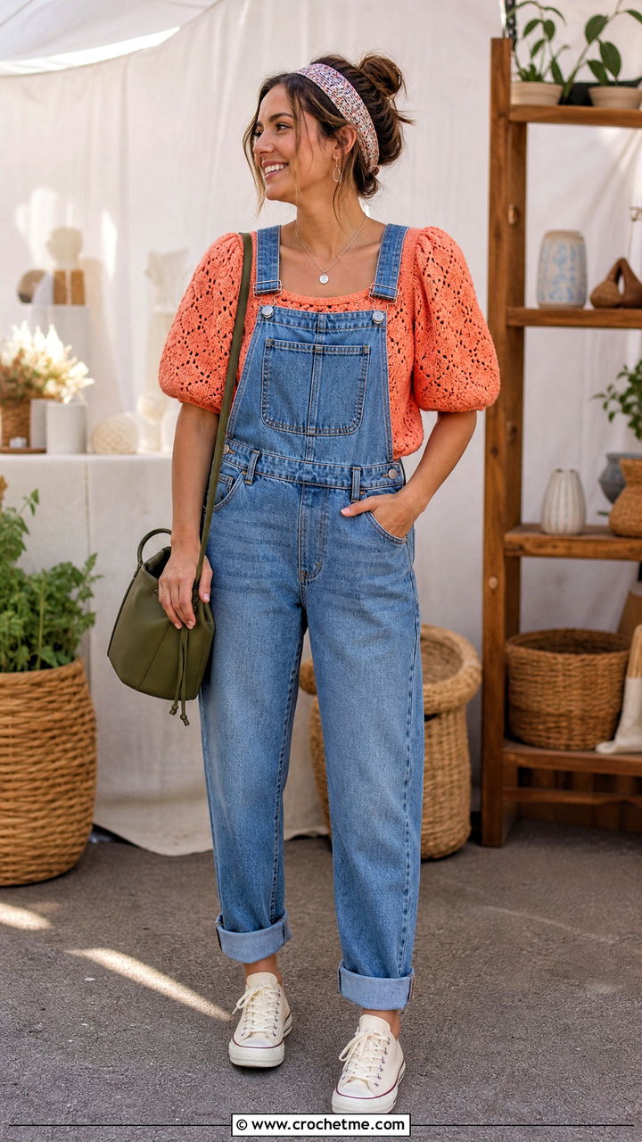 Puff Sleeve Crochet Top With Denim Overalls - 35 boho crochet top outfit ideas