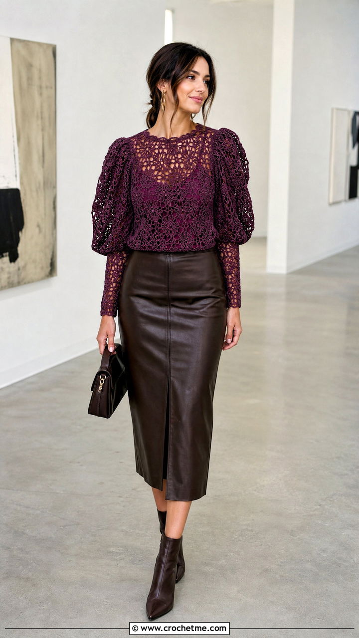 Puff Sleeve Crochet Top With Leather Midi Skirt - 35 beginner crochet tops outfit ideas