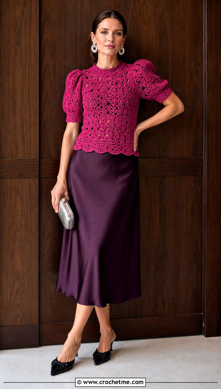 Puff Sleeve Crochet Top With Satin Midi Skirt - 15 pink crochet top on wooden background outfit ideas