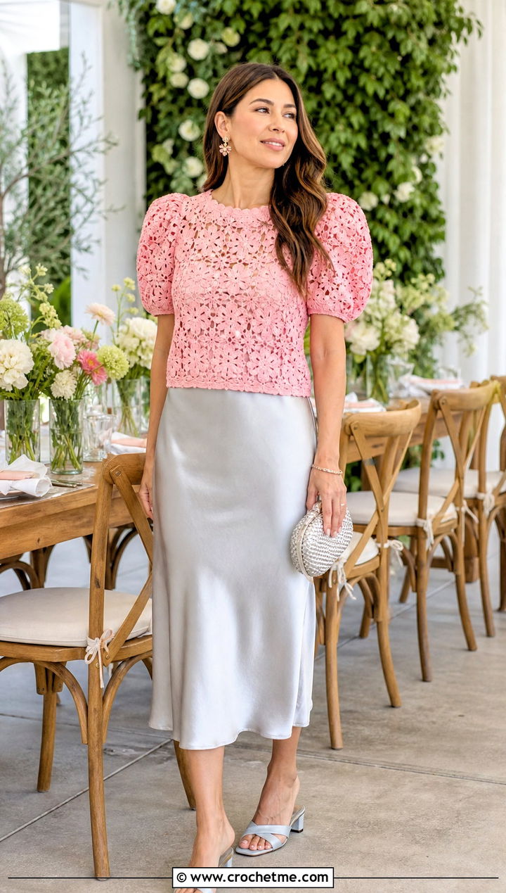 Puff Sleeve Crochet Top With Satin Midi Skirt - 25 Crochet Top Ideas With Sleeves