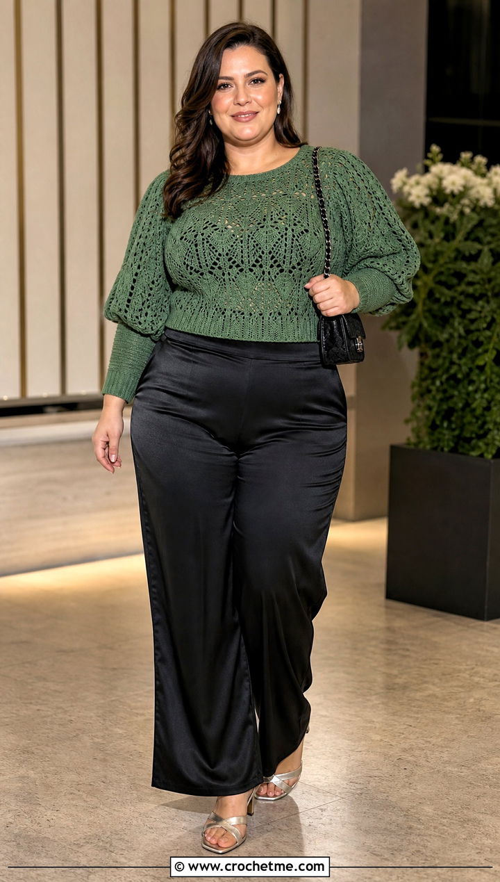 Puff Sleeve Crochet Top With Satin Pants - 35 plus size crochet top outfit ideas