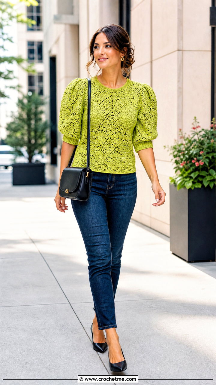Puff Sleeve Crochet Top With Slim Jeans - 35 styling crochet tops outfit ideas
