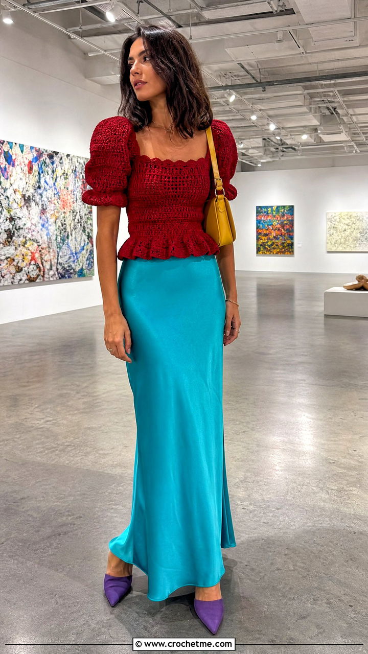 Puff Sleeve Crochet Top With Slip Skirt - 35 crochet ladies tops outfit ideas