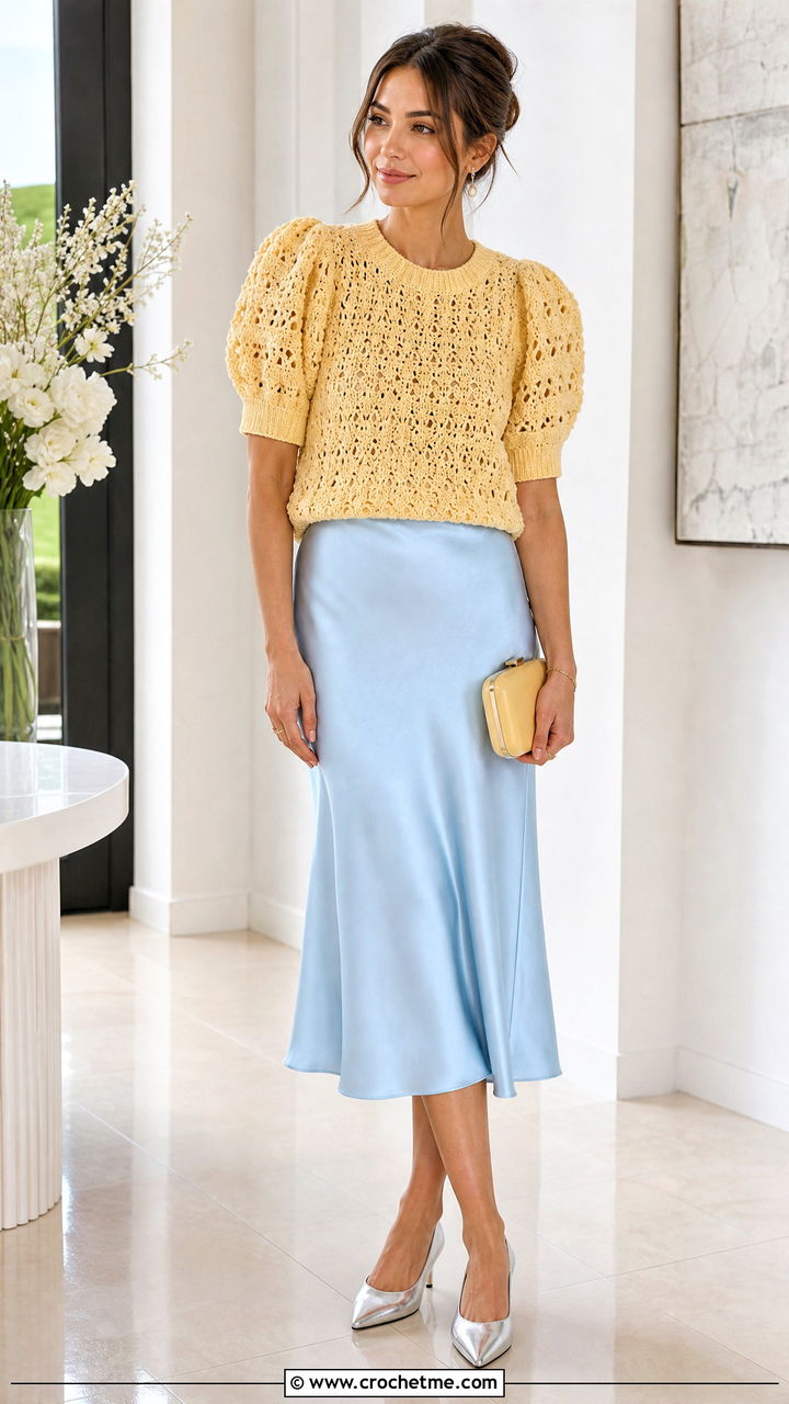 Puff Sleeve Crochet Top With Slip Skirt - 35 aesthetic crochet tops outfit ideas