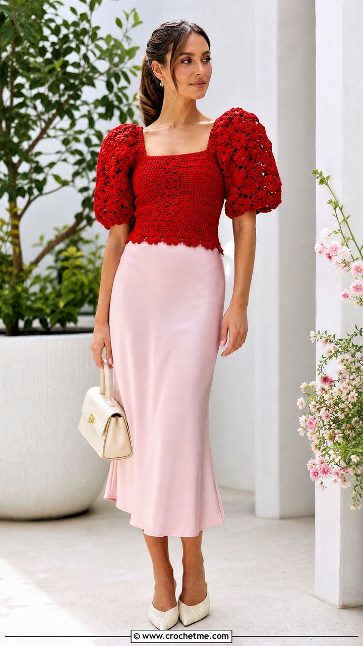 Puff Sleeve Crochet Top With Straight Midi Skirt - 35 aesthetic crochet top outfit ideas