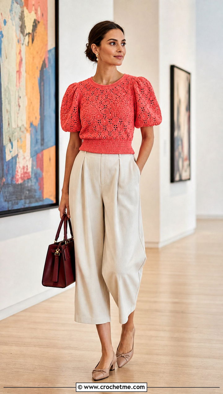 Puff Sleeve Crochet Top With Tailored Culottes - 30 cute crocheted tops outfit ideas