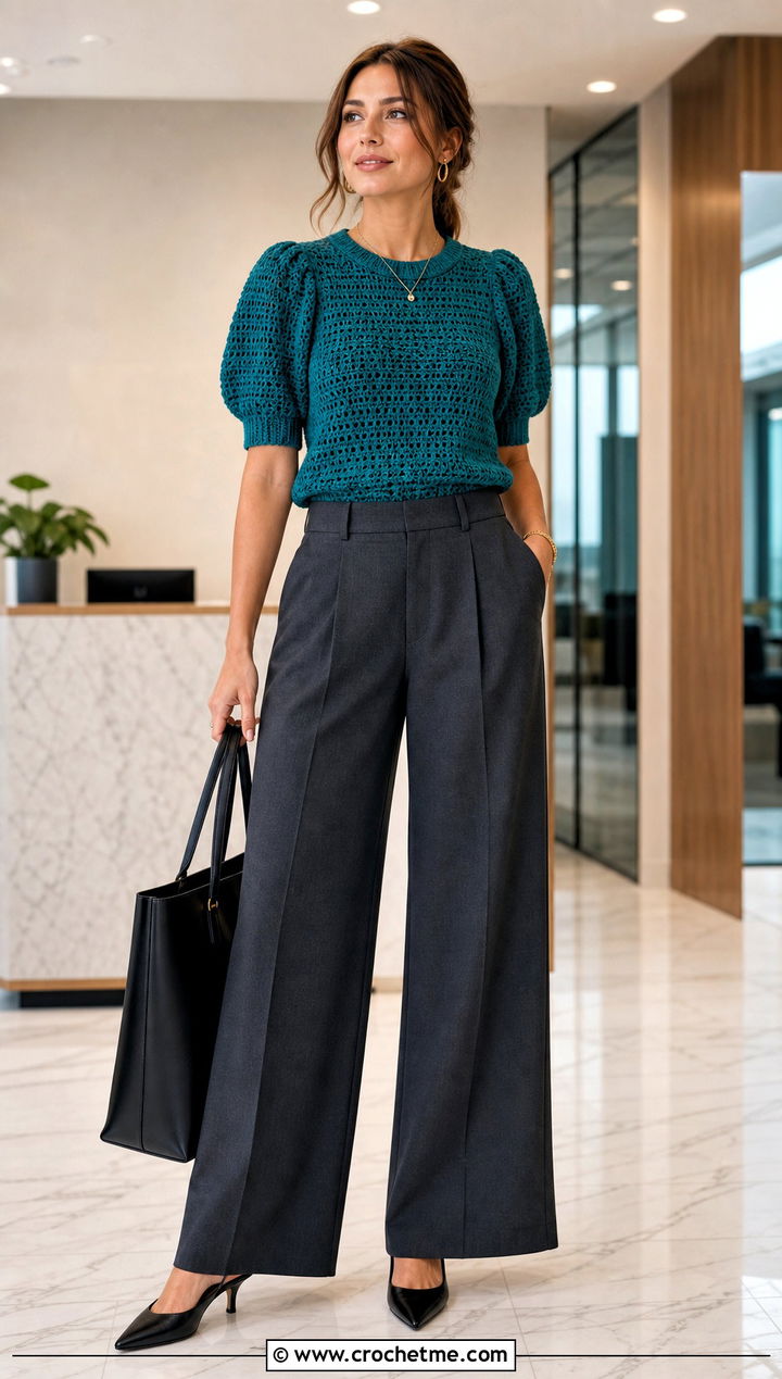Puff Sleeve Crochet Top With Tailored Trousers - 35 crochet top sleeves outfit ideas
