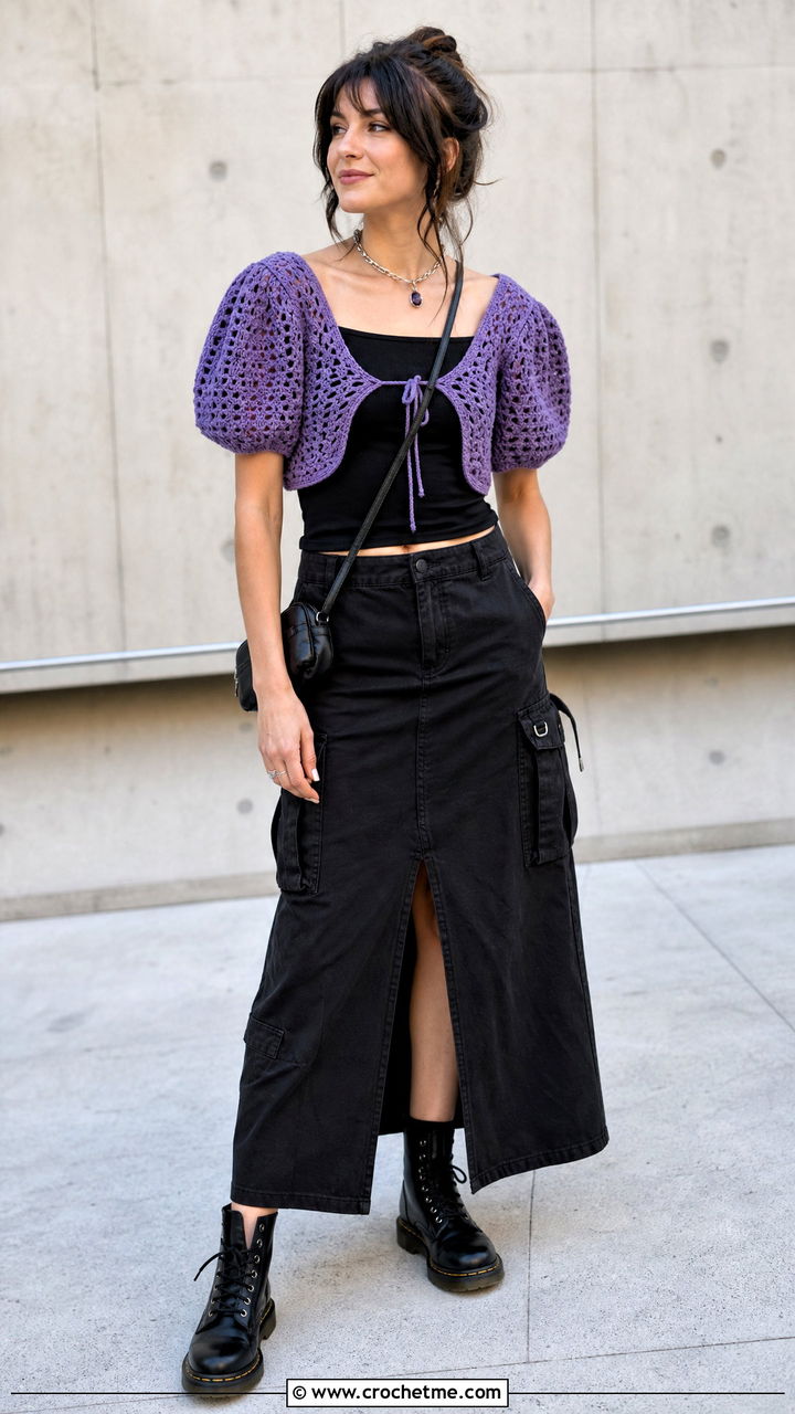 Puff Sleeve Crochet Top With Utility Skirt - 35 goth crochet top outfit ideas