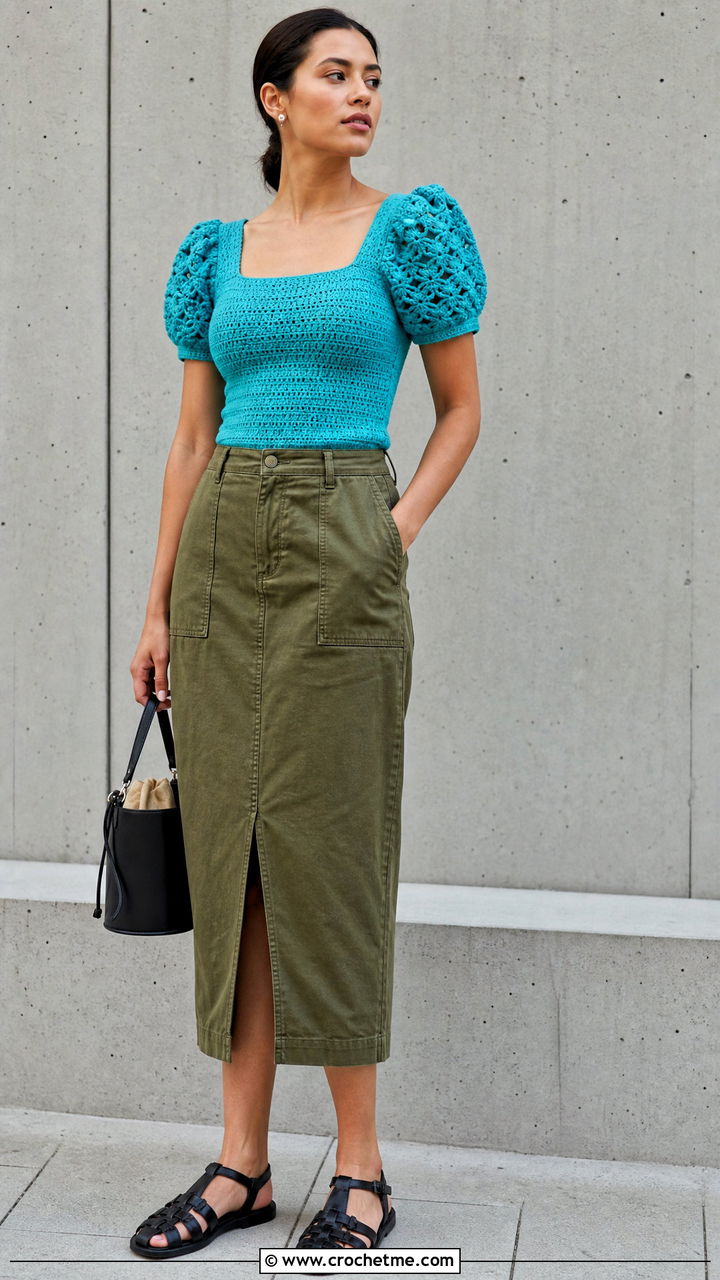 Puff Sleeve Crochet Top With Utility Skirt - 35 colorful crochet top outfit ideas