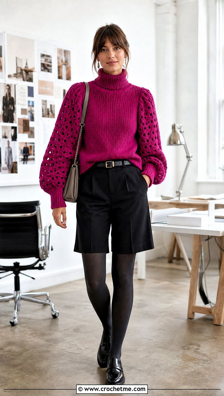 Puff Sleeve Crochet Turtleneck Sweater With Tailored Shorts - 30 crochet turtleneck sweater outfit ideas