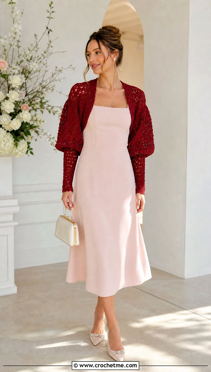 Puff Sleeve Crochet Wedding Bolero With Square Neck Dress - 25 Crochet Wedding Bolero outfit ideas