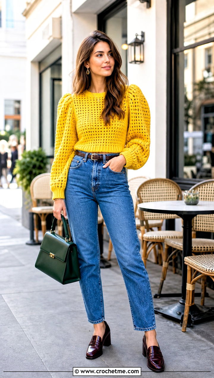 Puff Sleeve Crochet Wool Top With Mom Jeans - 35 crochet wool top outfit ideas